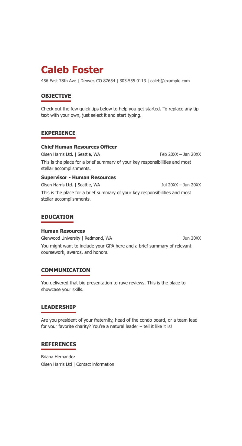 ATS bold HR resume - Professional resume template with clean layout for HR roles. Features sections for experience, education and skills.